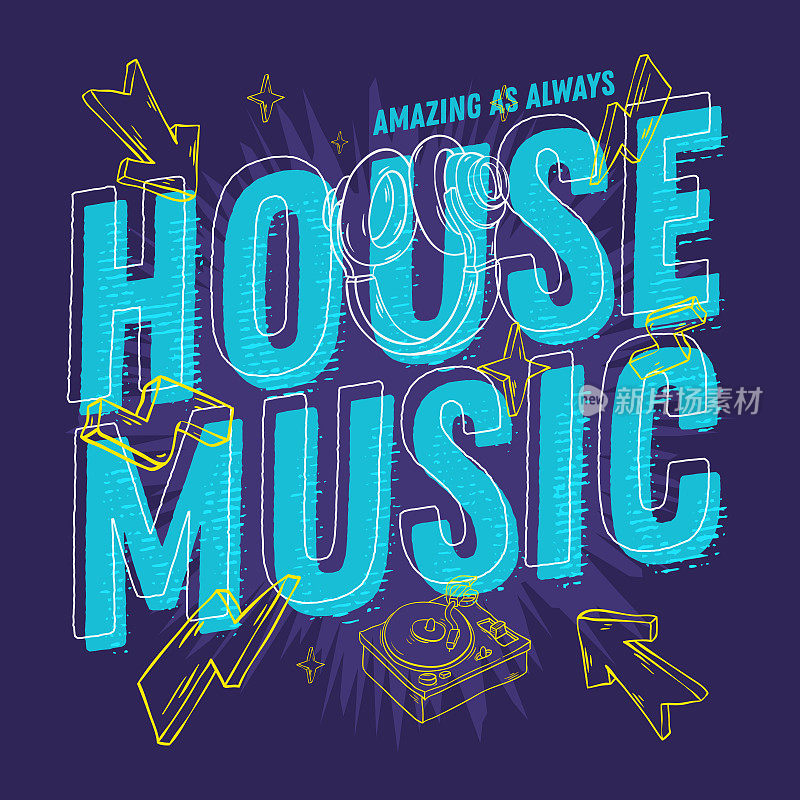 90年代的House Music用手绘线条艺术、卡通风格元素和生动明亮的色彩影响了字体设计。